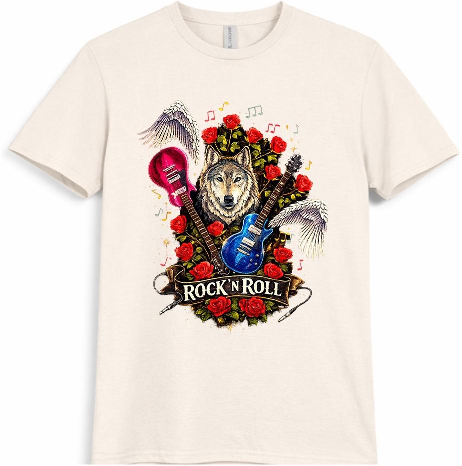 Wolf Rock N Roll T Shirt Guitar Roses Wings Music Graphic Vintage Tee