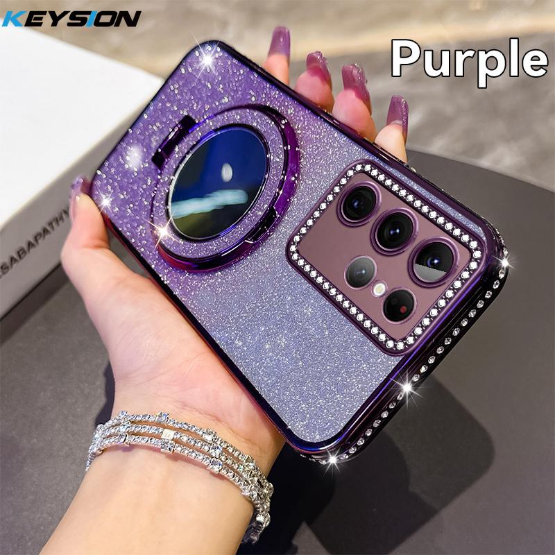 KEYSION Glitter Jewelled Magnetic Phone Case for Samsung Galaxy S22 Ultra S21+ Plus S20 FE Makeup Mirror Stand Shockproof Cover
