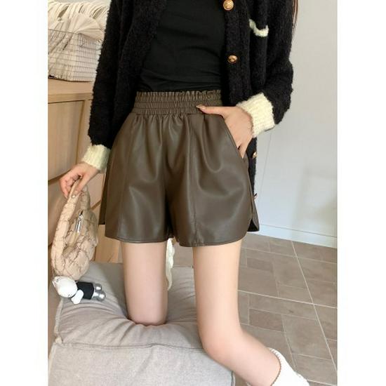 Women's High Waist A-Line PU Leather Shorts 2025 - Slimming, Elastic Waist, Wide-Leg Bootcut for Spring and Autumn.
