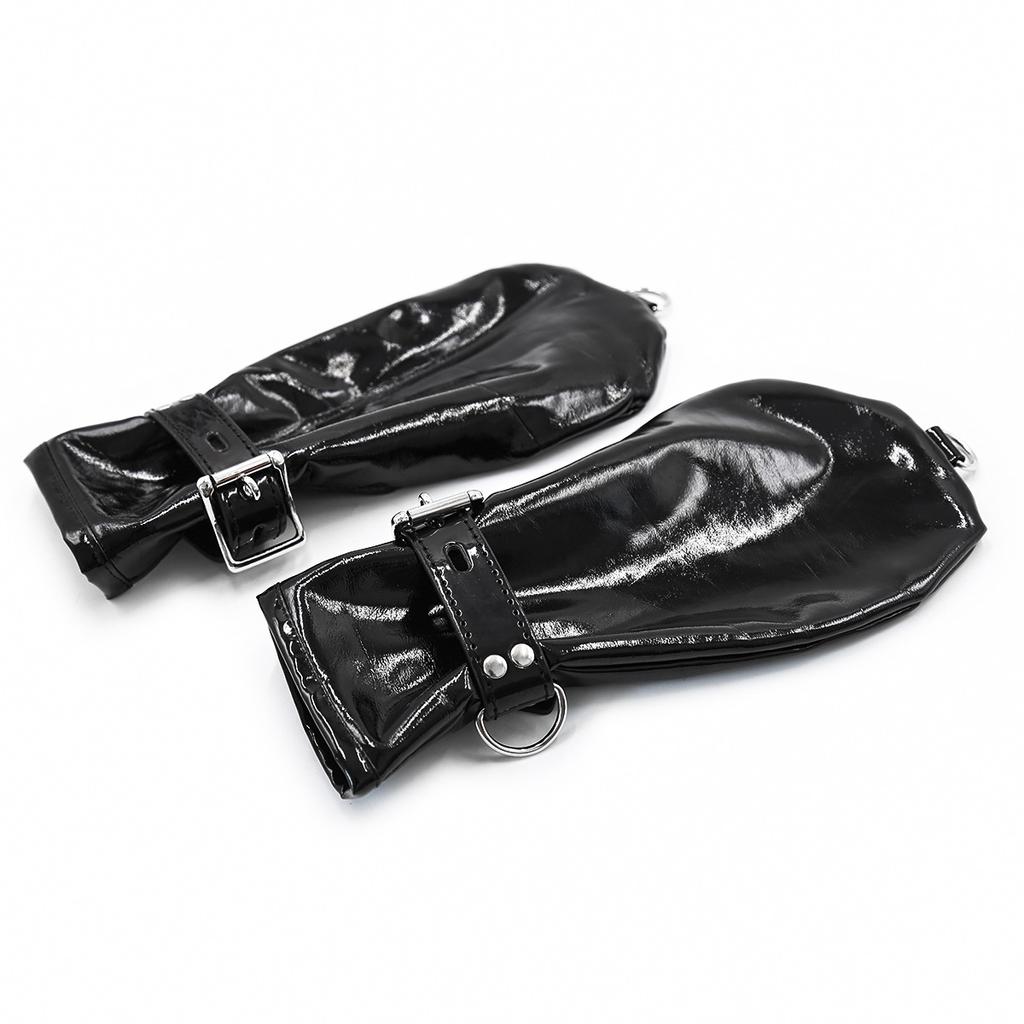 Sexy Fetish Costumes of Black Soft Faux Leather Fist Gloves with Locks Restraint and Chain for Men Women Role Play Exotic Appeal