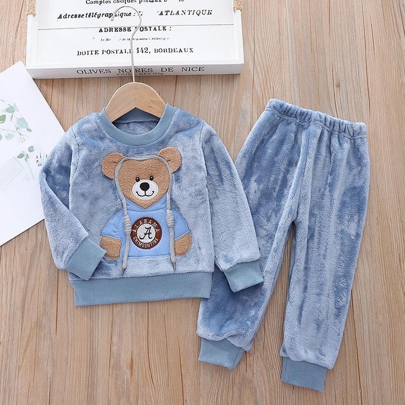 Småbarn Baby Gutter Klær Høst Vinter Barn Flanell Pyjamassett Tykk Varm Genser Tegneserie Søt bjørn Todelt Jentedress Joggedress