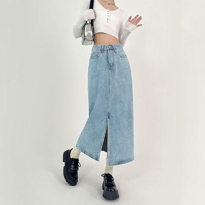 A-linjekjol i denim med slits för kvinnor Vår Höst Högmidjad Jeanskjol Ljusblå Casual Vintage Y2k Kläder Plus Size
