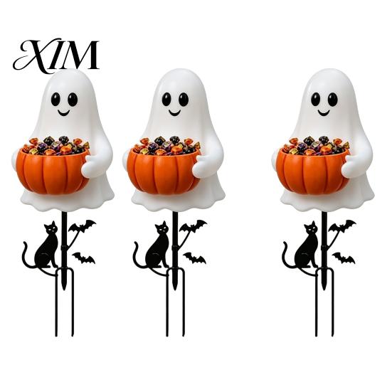 Weather Resistant Yard Art Halloween Ghost Candy Bowl Garden Stake, 2D Flat Pumpkin Holder with Cat Party Signs And Bats, Trick or Treat