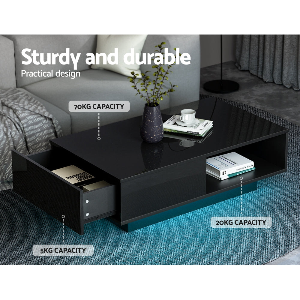 Coffee Tables Artiss Coffee Table Led Lights High Gloss Storage Drawer Modern Furniture Black