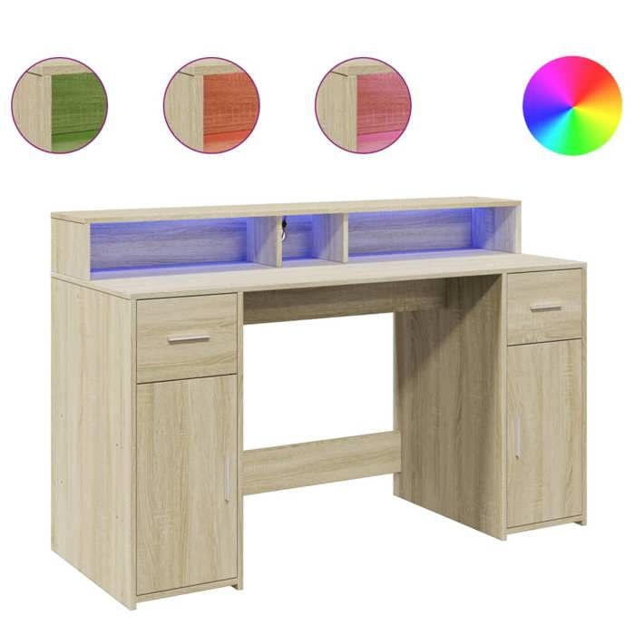 VidaXL Bureau avec lumières LED chêne sonoma bois d'ingénierie, bureau de travail, bureau d'étude, bureau à domicile, bureau 3309422