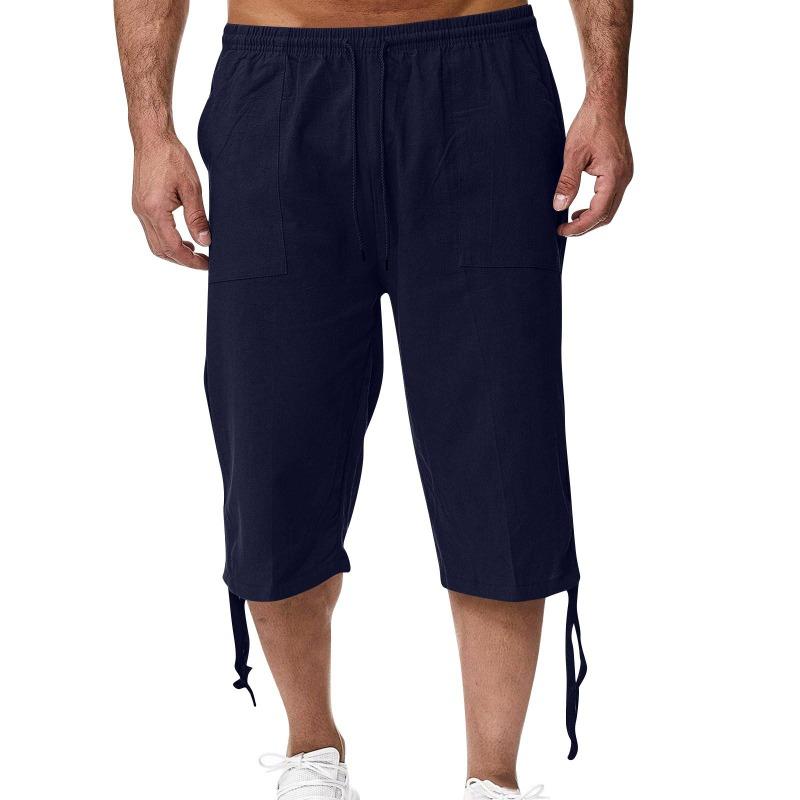 (Qunide) Men'S Loose Cotton And Linen Pants Beach Casual Sports Pants Solid Color Seven Points Cotton And Linen Shorts