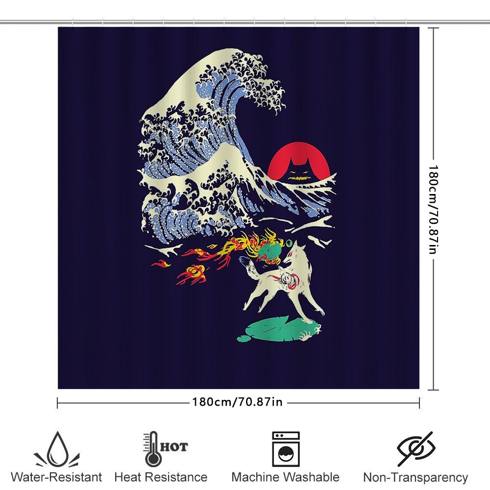 Unframed Japanese Wave Fox Art Bath Curtain Washoku Zen Decor Traditional Home Shower Curtains Japanese Style Bathroom Decoratio