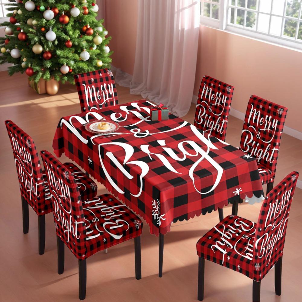Christmas Printed Tablecloth Stretch Chair Covers Waterproof Dustproof Dining Set for Home Holiday Decor