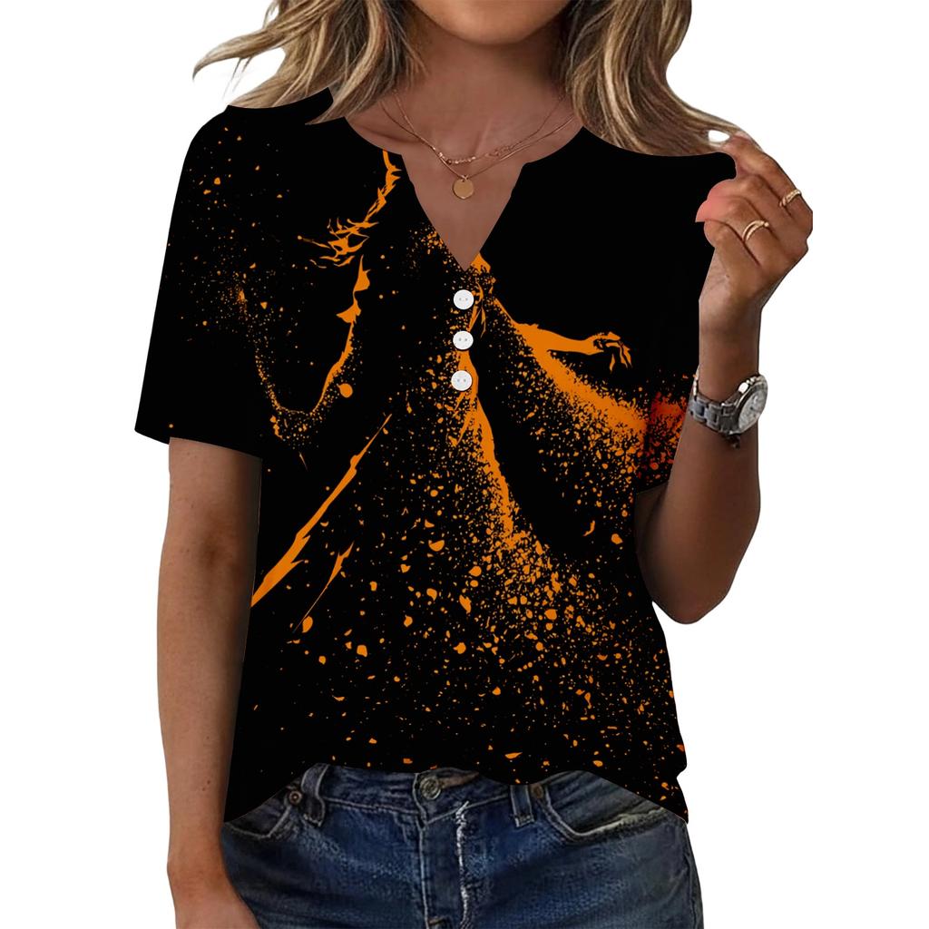 Women's Casual V Neck Short Sleeve Button Front T Shirt Halloween Themed Graphic Print Top Lightweight Comfortable Fit