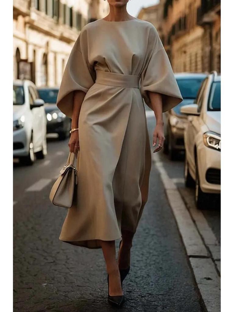 2025 Women's Elegant Waist-Hugging Long Dress with Batwing Sleeves