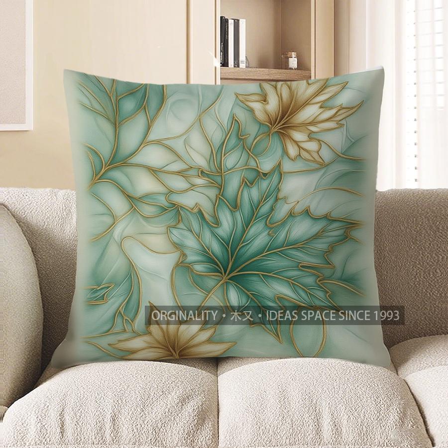 Home Decor Teal & Gold Leaf Pattern Decorative Throw Pillow Pattern Cushion Cover Suitable For Sofa Bedroom Car Pillow Cover