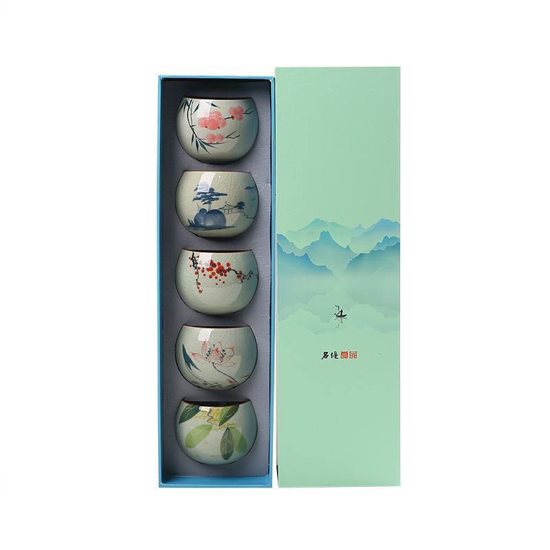 Five Famous Kilns Hand-Painted Underglaze Color Teacups, Tea Tasting Cups, Kung Fu Tea Sets, Small Teacups, Mid-Autumn Festival Gifts For Elders