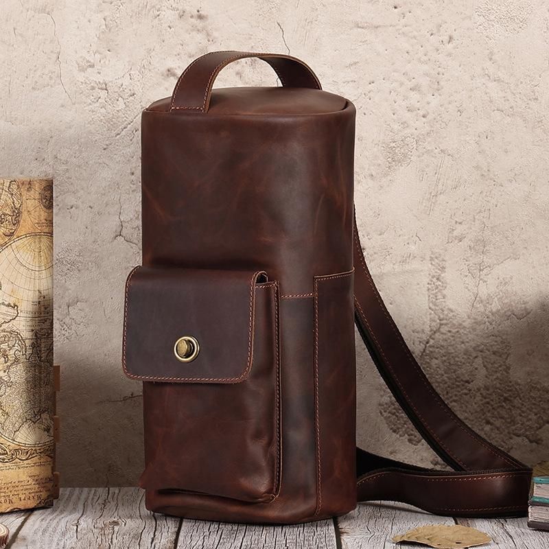 Breast bag Crazy horse leather retro messenger bag niche fashion trend cylinder bag genuine leather messenger shoulder bag breast bag men's bag