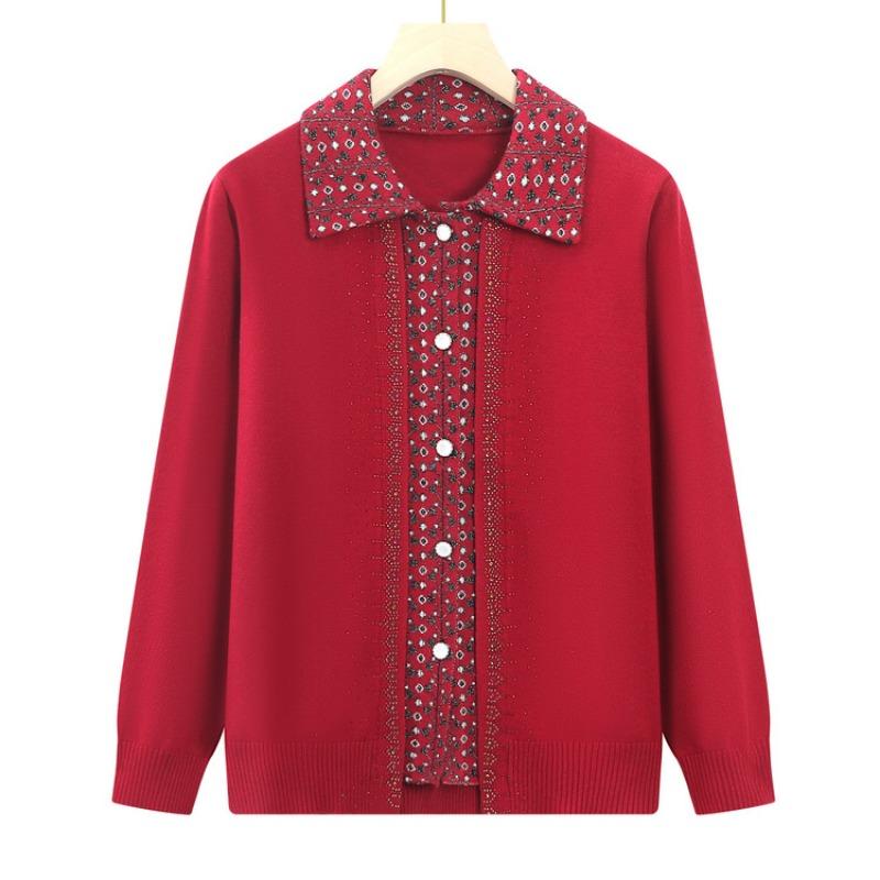 Mamas Herbst-Neuheit Langarm-Strickpullover Oma Lässiger Cardigan mit Kragen Mittel- und Alt-Herbst-Pulloverjacke