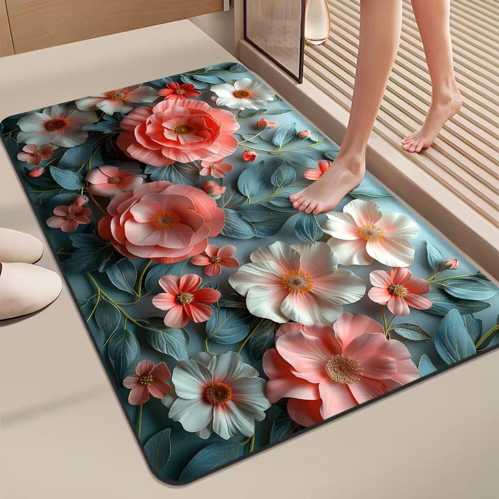 3D Floral Diatom Mud Quick-Dry Bathroom Mat - Absorbent, Soft, Non-Slip Toilet & Kitchen Carpet
