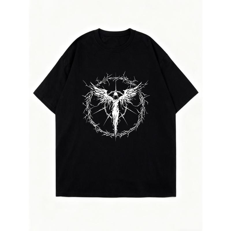 Abito Maglietta Oversize Nero Angelo Con Corona Di Spine Stampa Streetwear Casual Moda Per Donne