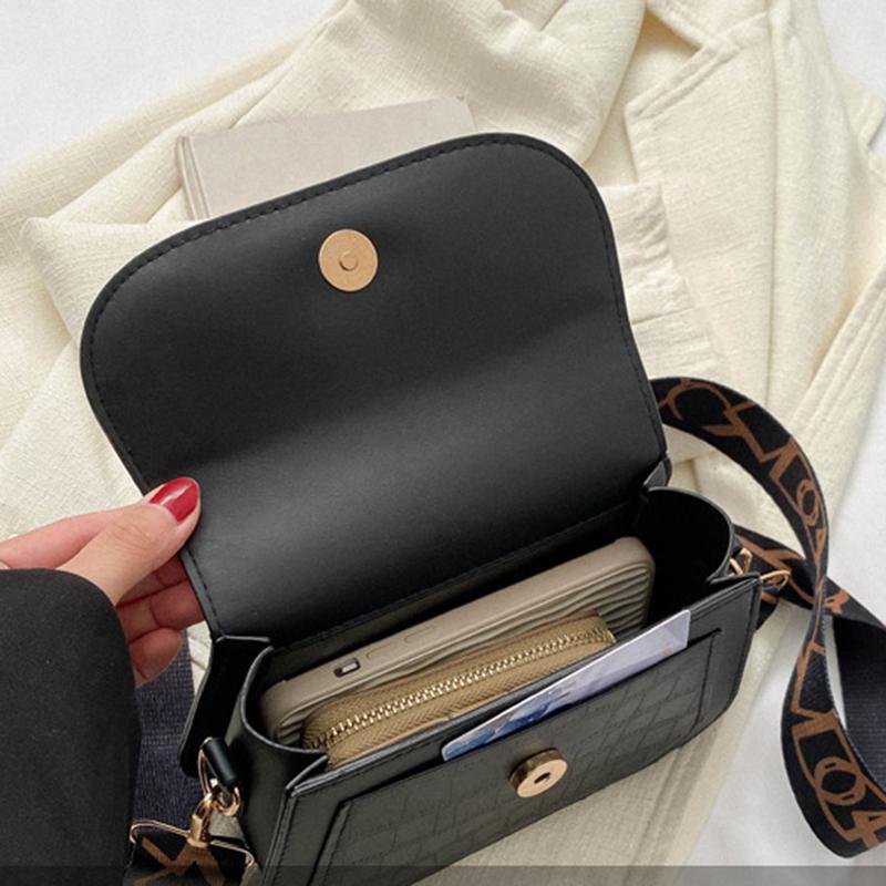 Simple PU Leather Saddle Shoulder Bags Solid Color Crossbody Bag Wide Strap Flap Purse and Handbag For Women Girls AVE