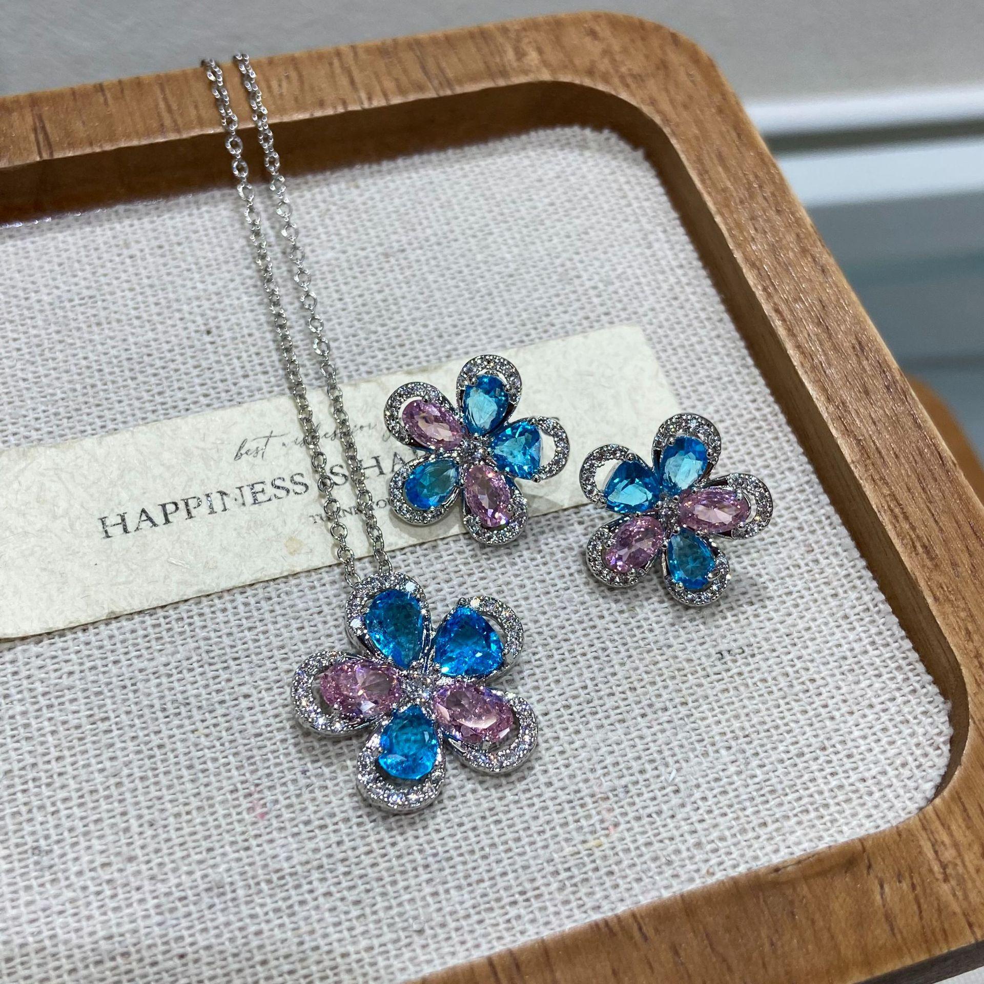 

Fashion Light Luxury High-End Blue Pink Flower Stud Earrings Necklace Women S Niche Silver Diamond-Encrusted Retro Copper Zircon Set