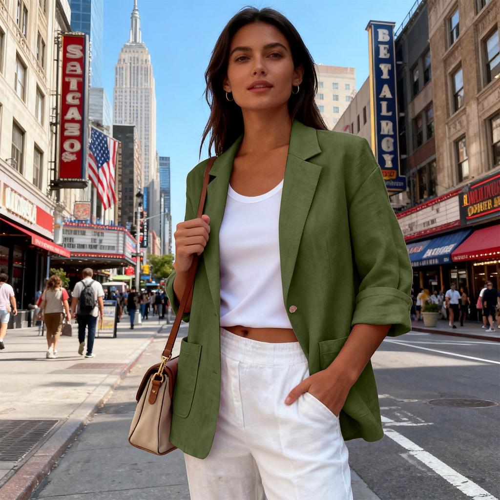 Women's Casual Linen-Cotton Cardigan with Pockets and Seven-Eighths Sleeve