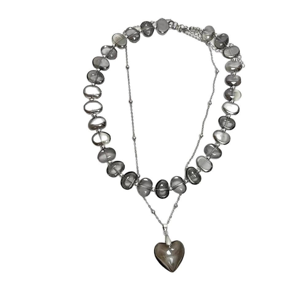 Waterdrop Crystal Beaded Necklace For Women Handmade Heart Pendant Double Layer Jewelry