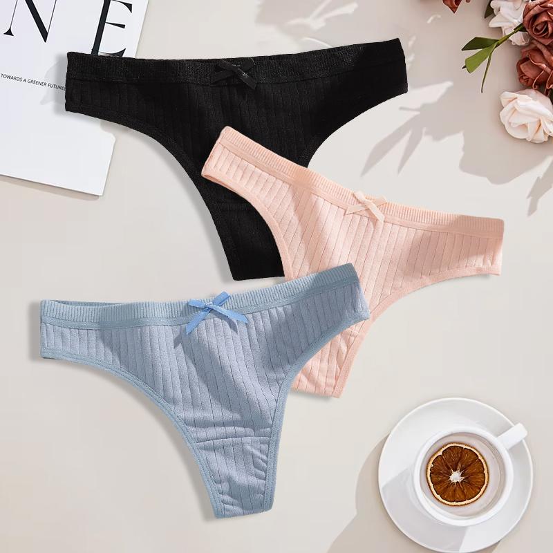 Duży Rozmiar 3 Szt. Damskie Bawełniane Stringi Seksowne Prążkowane Oddychające Majtki Codzienna Urocza Bielizna z Kokardką Dziewczęca Niska Talia G-String Lingerie