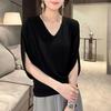Minimal Relaxation V-neck Slim and Comfortable Bat Sleeve T-shirt Summer Loose and Versatile Pleated Solid Color Short-sleeved Top Women