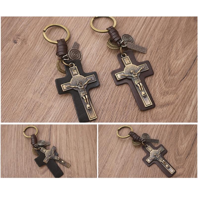 Unique Crucifix PU Leather Keychain Religious Key Ring Bag Pendant for Daily Use Trendy Punk Inspired Key Accessory