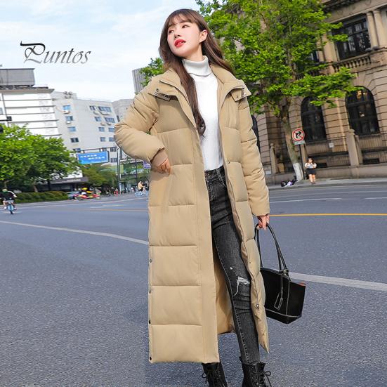 Women Cotton Coat Hooded Long Sleeve Pockets Side Slit Hem Down Jacket Solid Color Pockets Thickened Casual Outwear