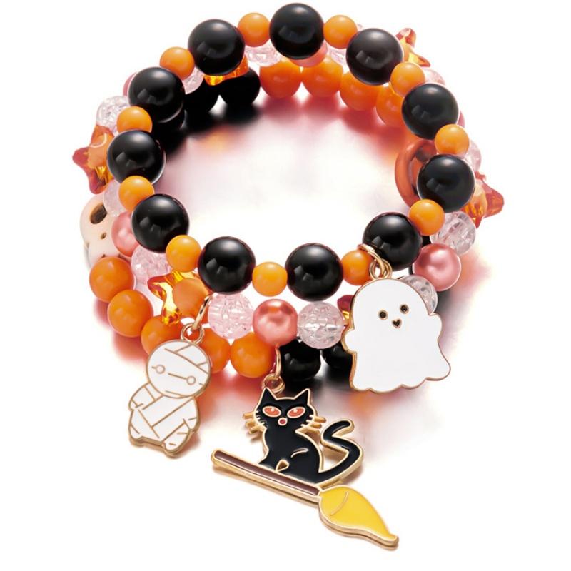 3Pcs Halloween Pumpkin Beaded Bracelets for Women Punk Cute Ghost Black Cat Charm Bracelet Festivel Party Jewelry Accessories