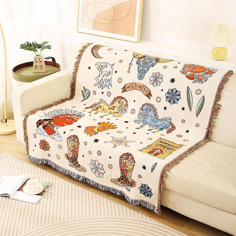Double-Sided Cotton Woven Throw Blanket with Tassel Jungle Bohemian Style Tapestry Shawl Multi-Function Decorative Throws for Sofa Bed Armchair