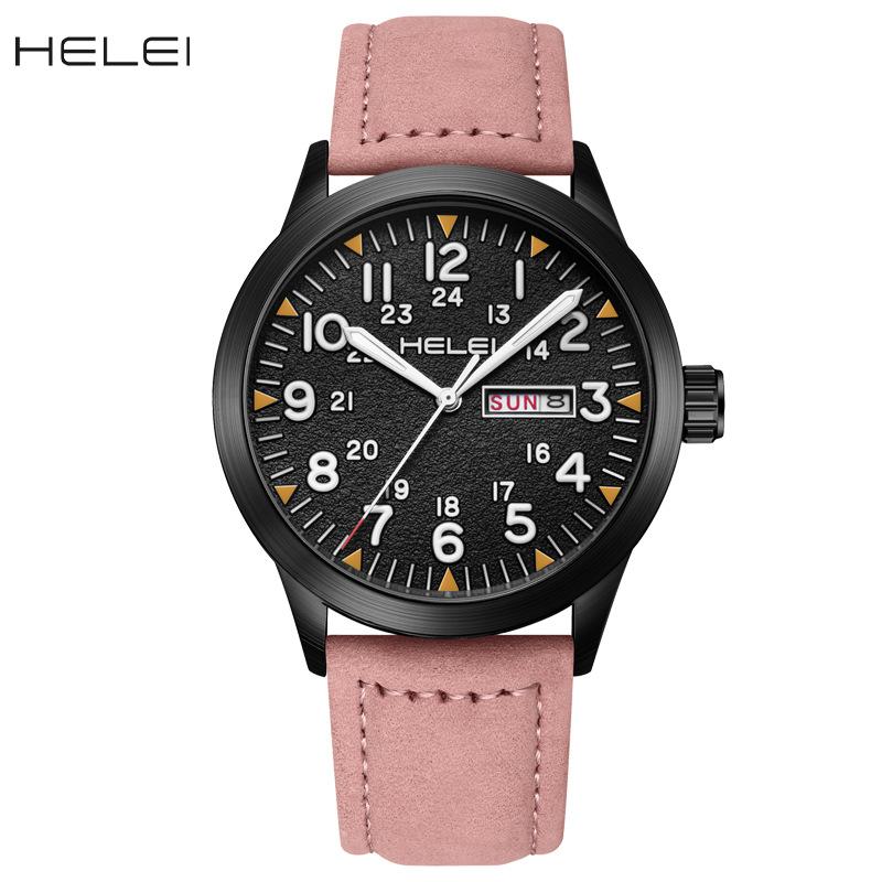New HELEI Herey Men's Watch Leather Waterproof Luminous Watch Quartz Watch Calendar Week Display
