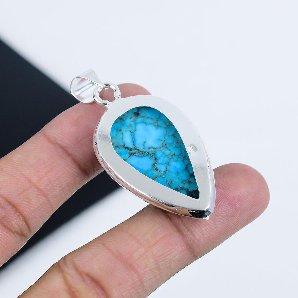 Natural Turquoise Gemstone Silver Pendant In 925 Sterling Silver - Handmade Pear Design, Everyday Wear Jewelry Mother's Day Gift