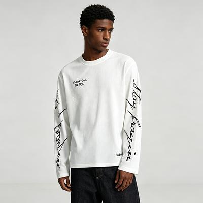 Men's Waffle Fabric Long Sleeved T-shirt With Letter Print Round Neck Loose Casual Streetwear Hip-hop Pullover For Daily Wear