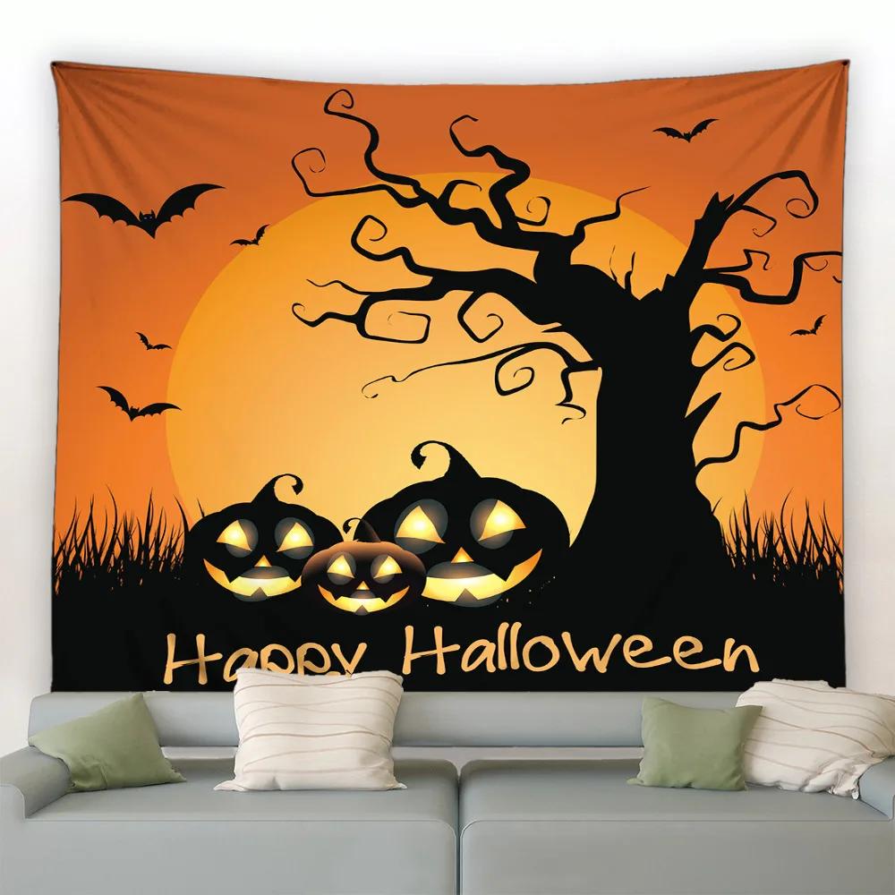 Happy Halloween Tapestry Horror Spooky Castle Pumpkin Wall Hanging Dorm Room Wall Decor Backdrop Fabric Halloween Wall Blanket