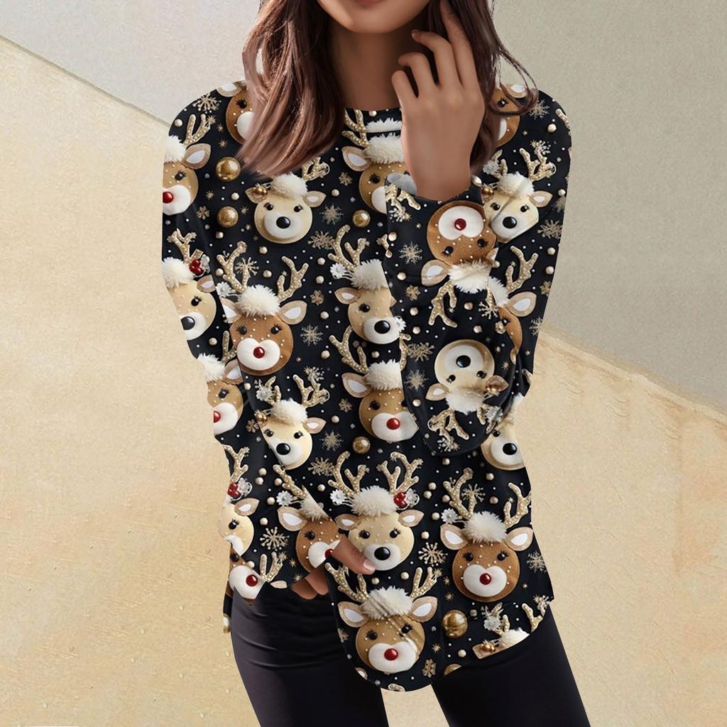 Pullover-Oberteil mit lässigem Modedruck für Damen, langärmelig, Rundhalsausschnitt
