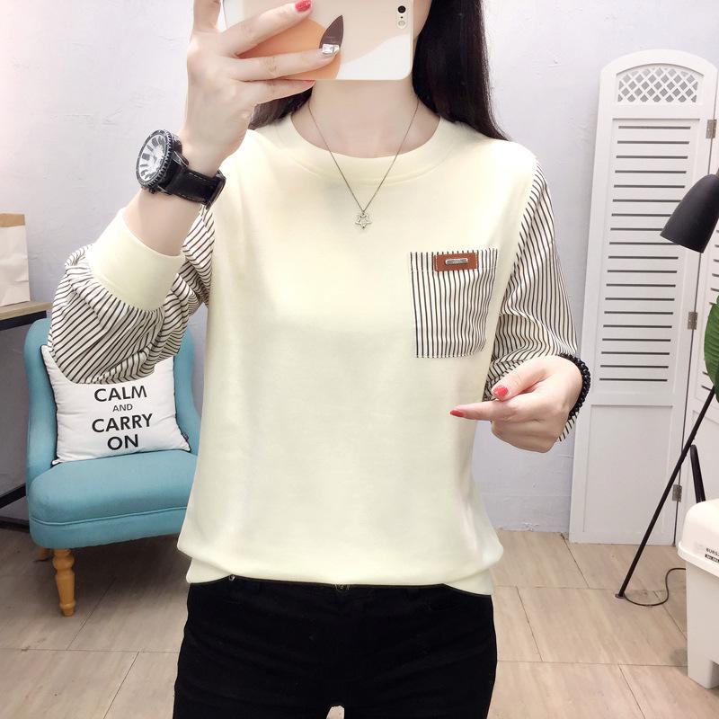 2025 Autumn Korean Simple Casual Striped Patchwork Loose Plus Size Round Neck Apricot Sweatshirt