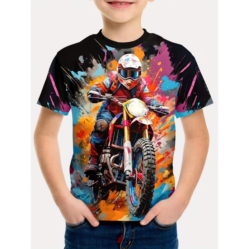 Chlapecké tričko s motorkářem 3D tištěné tričko pro chlapce 2-10 let Krátký rukáv Top pro miminka a děti Letní trendy Street Dětský top