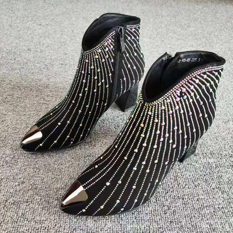 Pointed Toe Rhinestone Woman Short Shoes Autumn Winter Heeled Black Ankle Boots for Women Trend 2025 New in Booties on Promotion