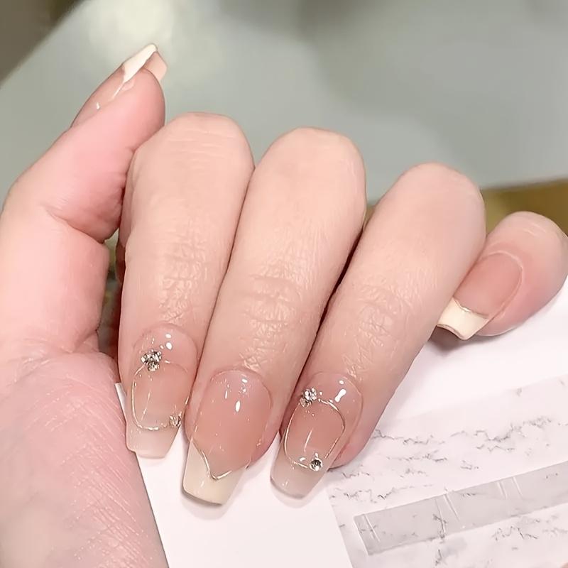 10pcs French Tip Press On Nails Short Handmade Luxury Fake Nails With Diamond Decor Fresh Manicure Patches