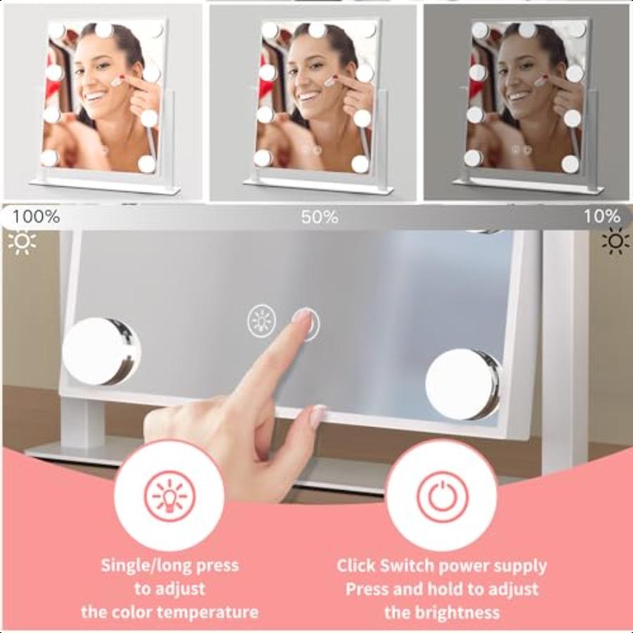 Lighted Vanity Mirror for Desk or Dorm Dimmable 9 LED Bulbs Makeup Mirror with 3 Color Lights Touch Sensor USB Powered Portable