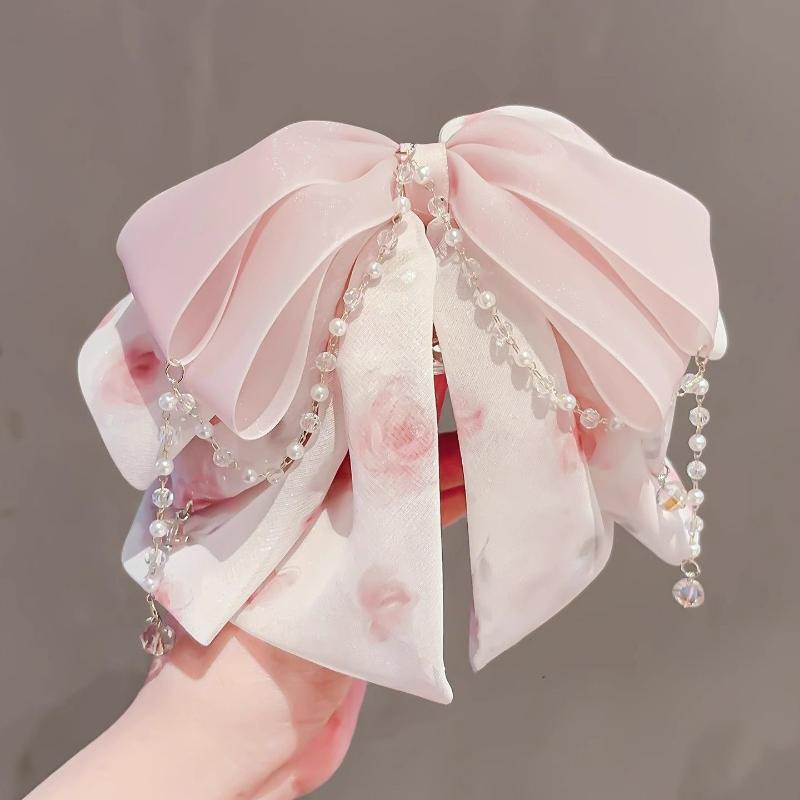 

Elegant Pink Chiffon Butterfly Knot Ponytail Clip High-End Feeling Flowing Tassel Hair Clip Hair Accessories For Women Girls