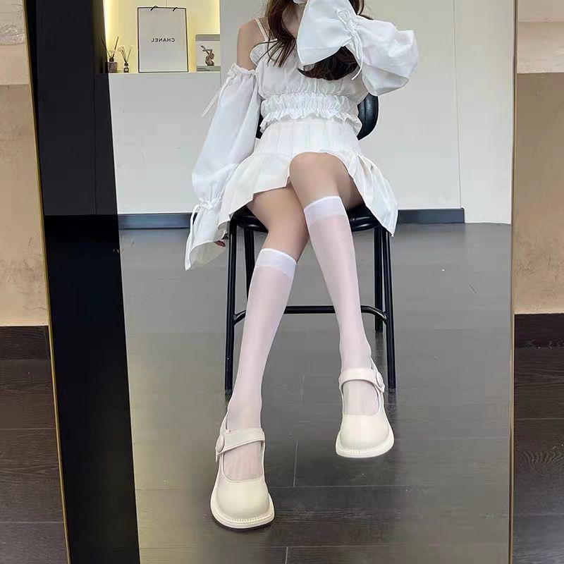 Lolita White Lace-Up Hollow-Out Mid-Calf Summer Socks