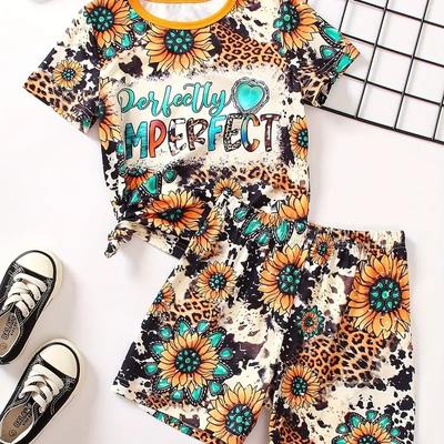 Casual Girls T-shirt Elastic Waist Shorts 2pieces PERFECTLY IMPERFECT Sunflower Print Short Sleeve Tee Tops Summer Kids Clothing