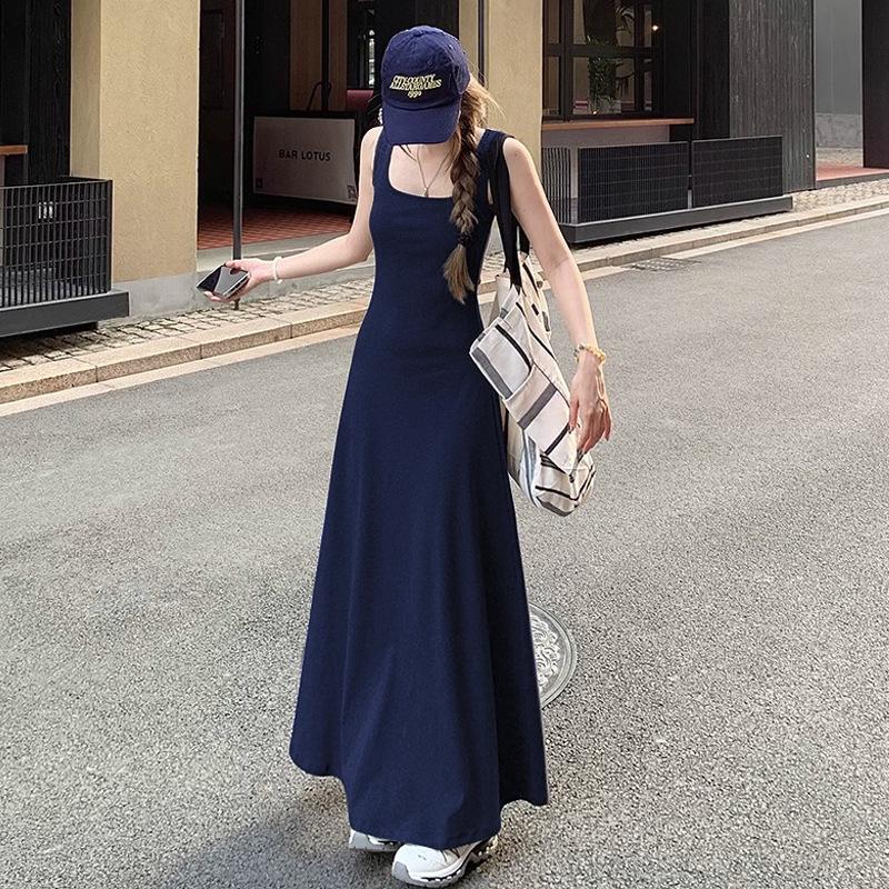 Women s 2026 Slim Waist Hepburn-Style Maxi Slip Dress for Spring/Summer Large тёмно-синий