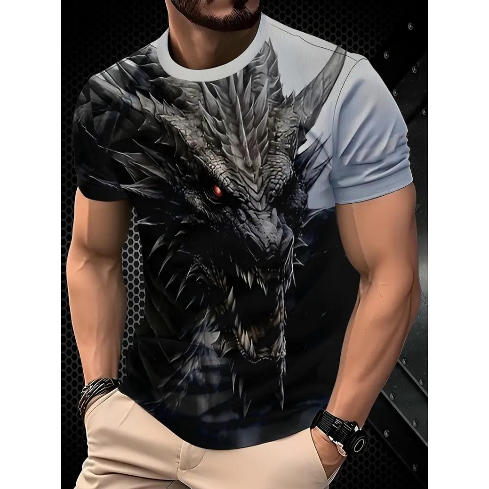 Men's T-shirt Dragon Print T-Shirt Stylish Streetwear Crew Neck T-shirt Outdoor Casual Plus Size Tees Top Women Clothing