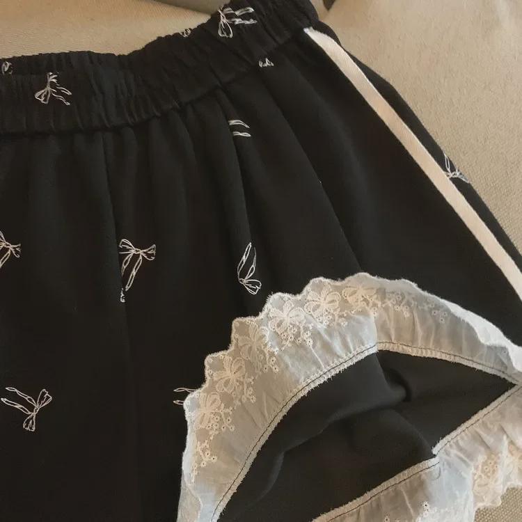 Women's Elastic Waist Lace Bowknot Print Summer Casual Wide Leg Shorts