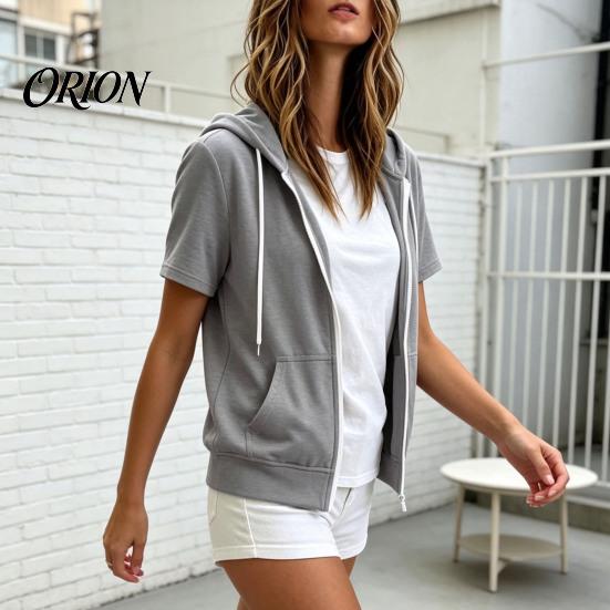 Sudadera Ligera con Capucha para Mujer, Manga Corta, Cremallera, Sudadera Casual con Cordón para Verano, Chaqueta con Capucha y Bolsillos, Suave para Verano