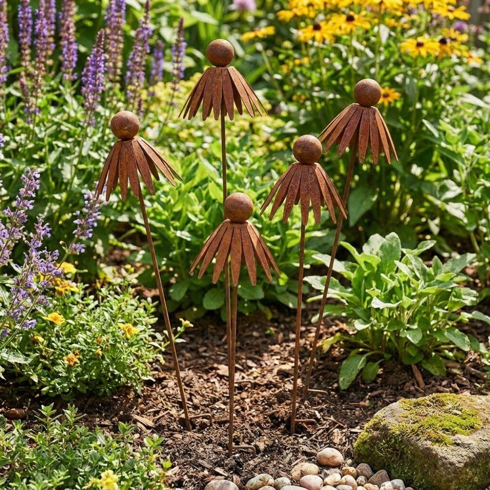 Weather Resistant Metal Daisy Stake Rusted Iron Curved Petal Stake Rustic Garden Art  Lawn Patio