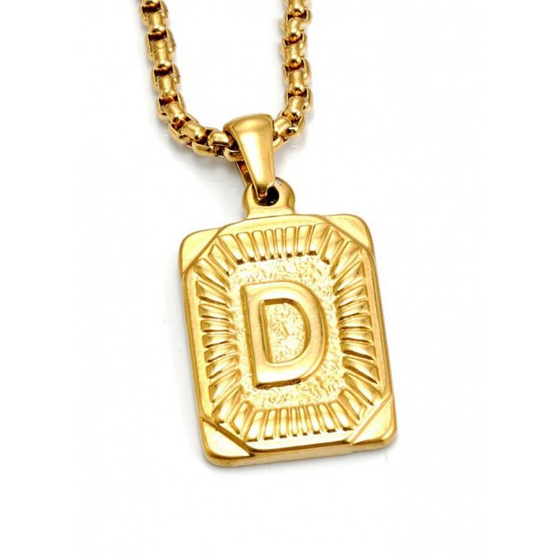18K Gold Square Double-sided English Letter Pendant for Men, Titanium Steel Necklace