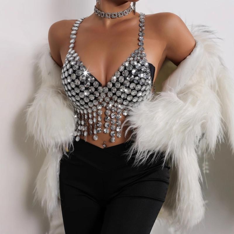 Women Acrylic Crystal Tassels Body Chain Sparkling Body Jewelry Backless Crop Tanks Top for Music Festival Party Outfit